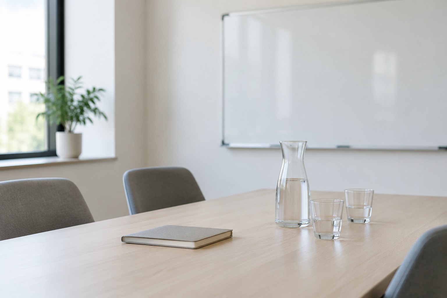 A review room prepared with a blank whiteboard