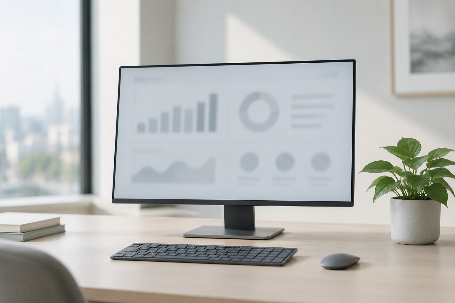 How we work A monitor showing an out-of-focus abstract dashboard